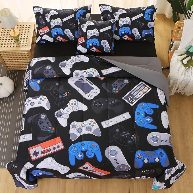 JQinHome Queen Gamer Comforter Set for Boys,6 Piece Bed in A Bag 3D Video Game Bedding -All Season Soft Microfiber Down Alternative Comforter Gamer Bedding Sets for Kids(Gamepad Collection) - LeafyLoom