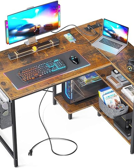ODK 40 Inch Small L Shaped Gaming Computer Desk with Power Outlets, Reversible Storage Shelves & PC Stand, Modern Simple Writing Study Table with Storage Bag for Small Space, Vintage - LeafyLoom