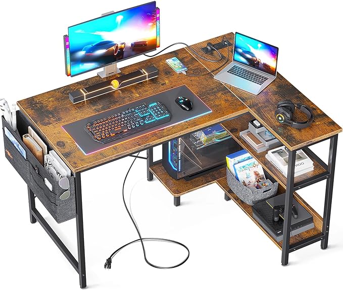 ODK 40 Inch Small L Shaped Gaming Computer Desk with Power Outlets, Reversible Storage Shelves & PC Stand, Modern Simple Writing Study Table with Storage Bag for Small Space, Vintage - LeafyLoom