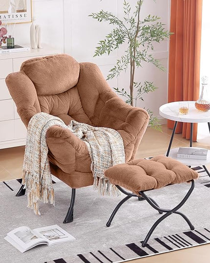 Oversized Chair with Ottoman, Removable Modern Chair with Folding Footrest, Comfortable Reading Chair for Bedroom, Study, Living Room, Courtyard (Plush Brown) - LeafyLoom