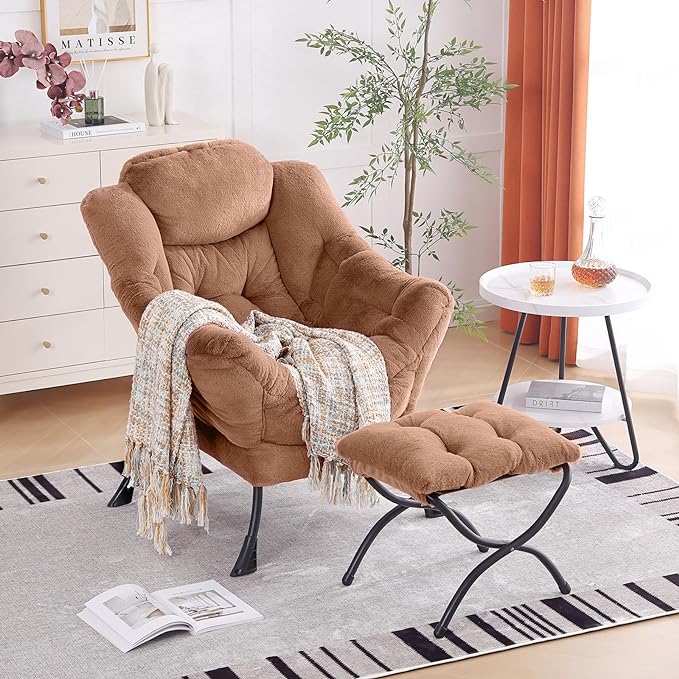 Oversized Chair with Ottoman, Removable Modern Chair with Folding Footrest, Comfortable Reading Chair for Bedroom, Study, Living Room, Courtyard (Plush Brown) - LeafyLoom