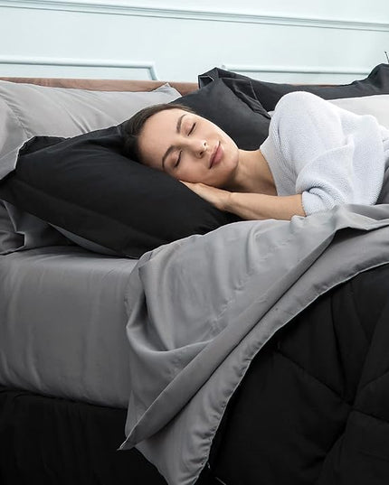 Bedsure Black Full Size Comforter Sets - 7 Pieces Reversible Comforter Set Full Bed in a Bag with Comforters, Sheets, Pillowcases & Shams, Full Bedding Sets - LeafyLoom
