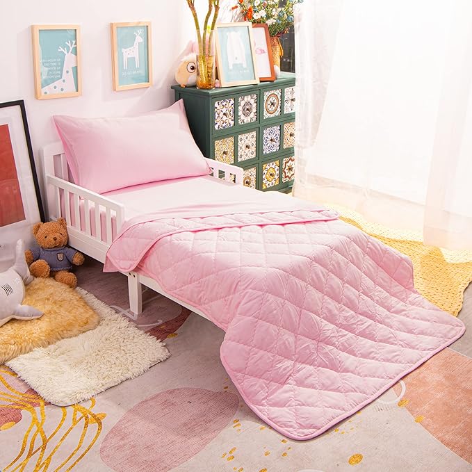 NTBAY Toddler Bedding Set - 4 Piece Soft and Breathable Crib Bedding Set for Boys and Girls, Includes Quilted Comforter, Fitted Sheet, Flat Top Sheet and Envelope Pillowcase, Pink - LeafyLoom