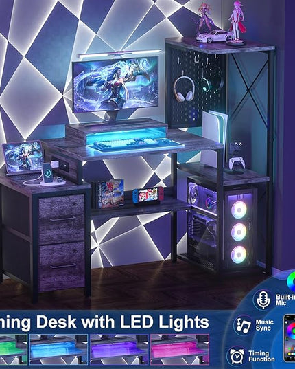 Small Gaming Desk with 2 Fabric Drawers - Reversible Computer Desk with Power Outlet & LED Lights, 49" Office Desk with Monitor Stand & Storage Shelves, Writing Study Table with Pegboard, Grey Oak - LeafyLoom