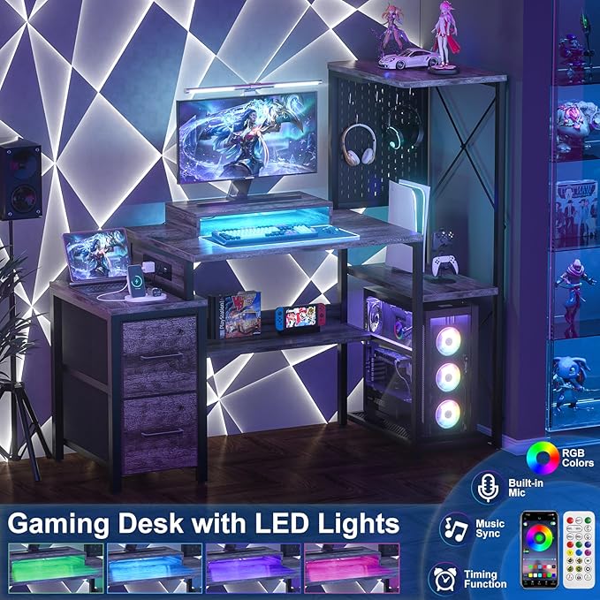 Small Gaming Desk with 2 Fabric Drawers - Reversible Computer Desk with Power Outlet & LED Lights, 49" Office Desk with Monitor Stand & Storage Shelves, Writing Study Table with Pegboard, Grey Oak - LeafyLoom