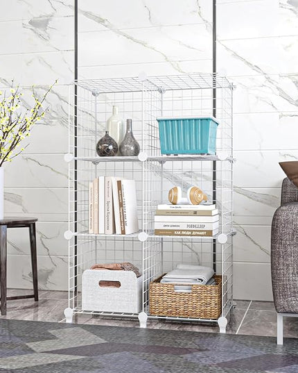 Wolizom Wire Cube Storage, Metal Grids Shelves Bookshelf, Stackable Modular Shelving Organizer, DIY Closet Bookcase Bookshelf, Grid Storage Shelf for Bedroom, Living Room, Office (White, 6 Cube) - LeafyLoom
