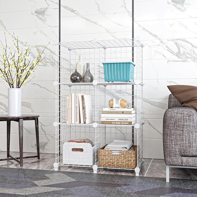 Wolizom Wire Cube Storage, Metal Grids Shelves Bookshelf, Stackable Modular Shelving Organizer, DIY Closet Bookcase Bookshelf, Grid Storage Shelf for Bedroom, Living Room, Office (White, 6 Cube) - LeafyLoom