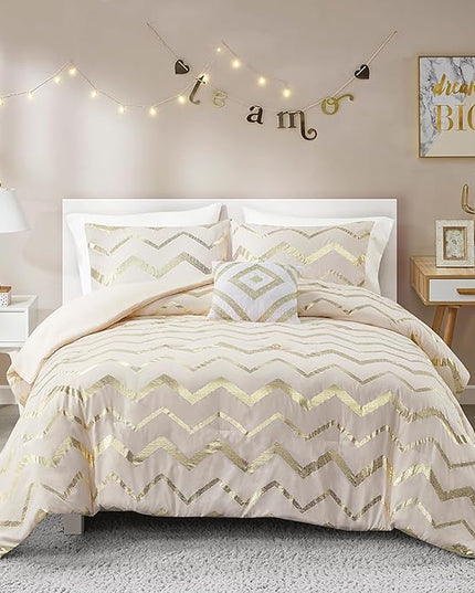 Codi Cream White and Gold Comforter Set for Full/Queen Size Bed, Cute Metallic Ivory Bed Sets, 4 Piece (2 Matching Shams + 1 Decorative Pillow) - LeafyLoom