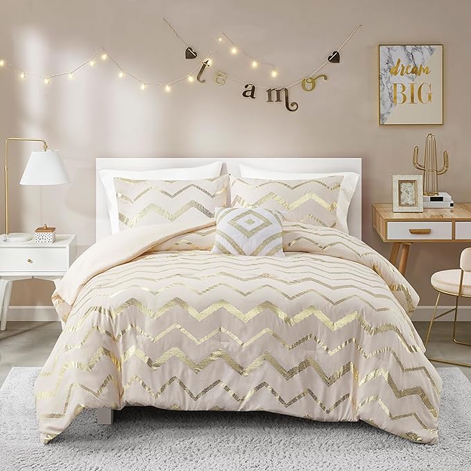 Codi Cream White and Gold Comforter Set for Full/Queen Size Bed, Cute Metallic Ivory Bed Sets, 4 Piece (2 Matching Shams + 1 Decorative Pillow) - LeafyLoom
