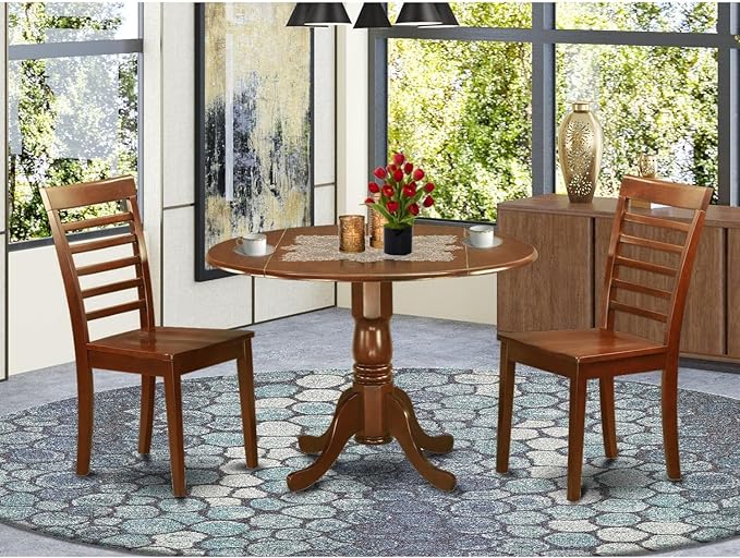 East West Furniture DLML3-MAH-W 3 Piece Modern Set Contains a Round Wooden Table with Dropleaf and 2 Kitchen Dining Chairs, 42x42 Inch - LeafyLoom