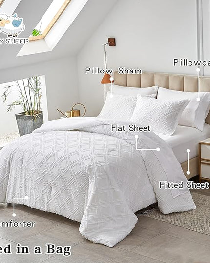 7 Pieces Tufted Bed in a Bag King Comforter Set with Sheets White, Soft and Embroidery Shabby Chic Boho Bohemian, Luxury Solid Color with Diamond Pattern, Jacquard Tufts Bedding Set for All Season - LeafyLoom