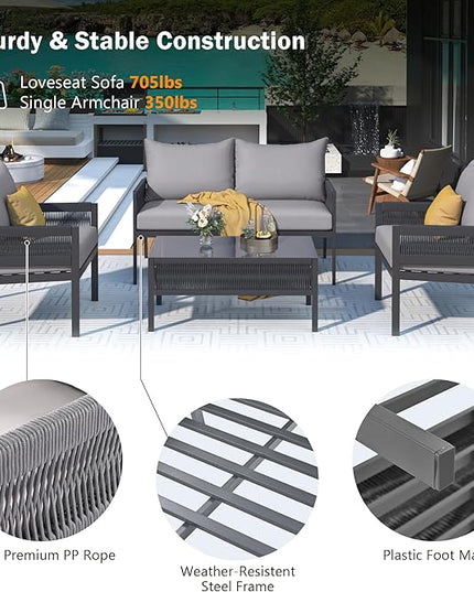 4-Piece Patio Conversation Furniture Set, Rope Weave Outdoor Loveseat Sofa with 2 Armchairs, Thick Cushion&Tempered Glass Table, for Garden Backyard, Onesize, Gray - LeafyLoom