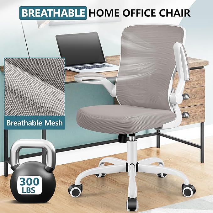 MINLOVE Office Chair Ergonomic Desk Chair with Adjustable Lumbar Support and Height, 90° Flip-up Armrests, Ergo Desk Chairs with Wheels, 360° Swivel Mesh Chair, Home Work Use (Gray) - LeafyLoom
