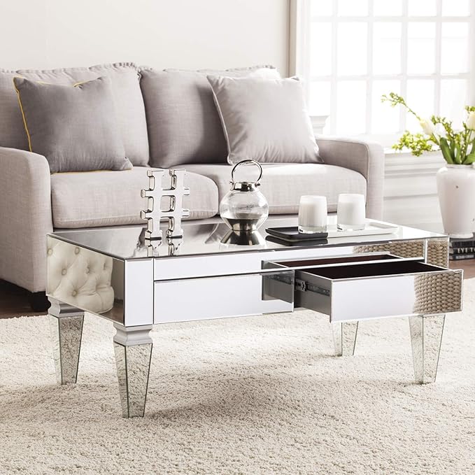 SEI Furniture Darien Contemporary Mirrored Rectangular, Rectangle Coffee Table, Silver - LeafyLoom