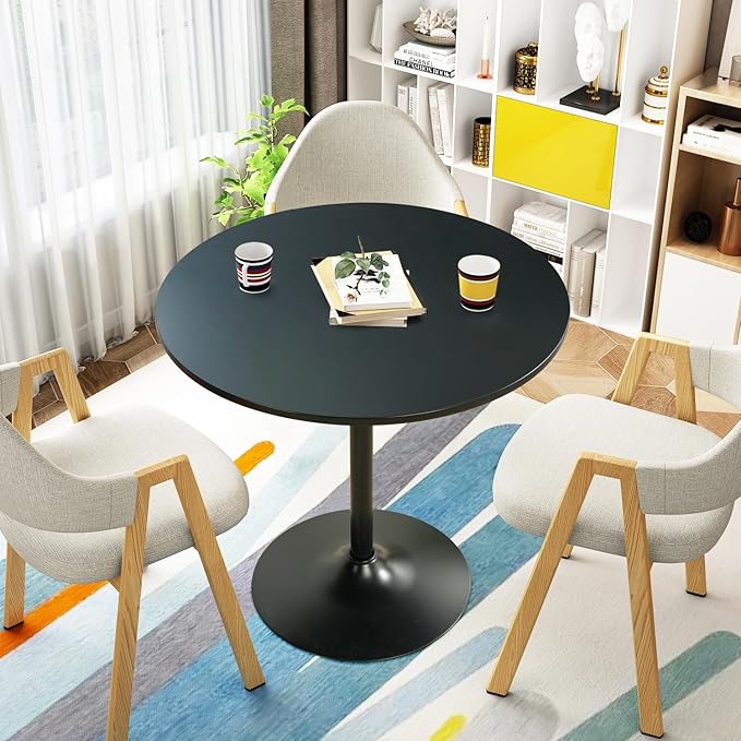FurnitureR 31.5" Mid-Century Round Dining Table for 2-4 People with Pedestal Base for Home Office Living Room Kitchen Leisure, 31.5 inches, Black - LeafyLoom