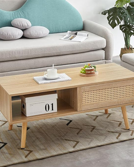 Brafab Rattan Coffee Storage Rectangle Accent Center Sofa Table with Sliding Door Panel Solid Wood Legsfor Living Room, 41.34" L x 21.65" W x 16.34" H, Natural - LeafyLoom