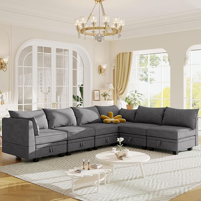 115.1" Modern Large U-Shape Modular Sectional Sofa with Reversible Chaise and Storage Seat, Convertible Sleeper Couch Bed for Living Room, Apartment, Office, Dark Gray, 115.1 Inch - LeafyLoom