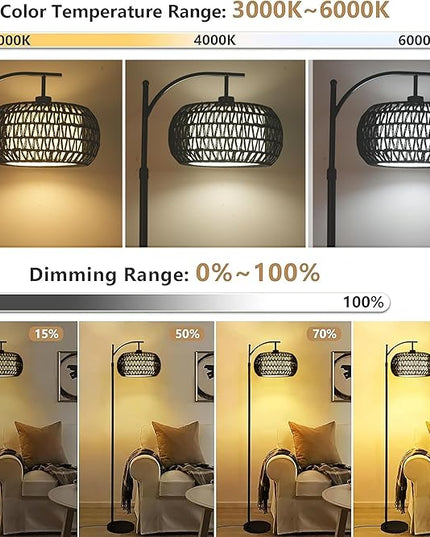 Arc Floor Lamp with 3 Color Temperatures, Dimmable LED Black Floor Lamp with Remote Control, Boho Standing Lamp with Rattan Wicker Shades, Farmhouse Tall Pole Lamp for Living Room Bedroom - LeafyLoom