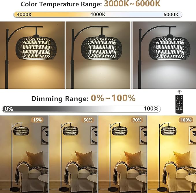 Arc Floor Lamp with 3 Color Temperatures, Dimmable LED Black Floor Lamp with Remote Control, Boho Standing Lamp with Rattan Wicker Shades, Farmhouse Tall Pole Lamp for Living Room Bedroom - LeafyLoom