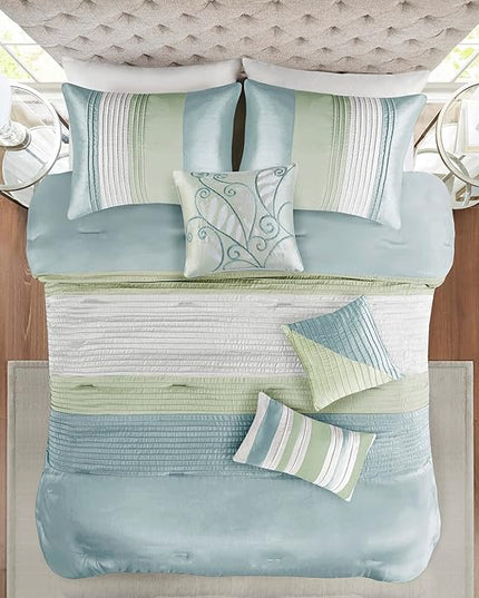 Madison Park Amherst Faux Silk Comforter Set-Casual Contemporary Design All Season Down Alternative Bedding, Matching Shams, Bedskirt, Decorative Pillows, Cal King(104"x92"), Green, 7 Piece (MP10-848) - LeafyLoom
