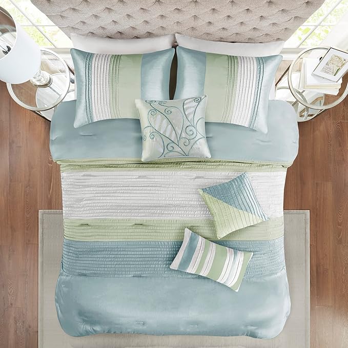 Madison Park Amherst Faux Silk Comforter Set-Casual Contemporary Design All Season Down Alternative Bedding, Matching Shams, Bedskirt, Decorative Pillows, Cal King(104"x92"), Green, 7 Piece (MP10-848) - LeafyLoom
