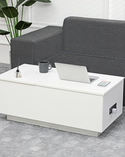 HOMMPA LED Coffee Table for Living Room Lift Top Coffee Tables with Power Outlet White Morden Center Table with Storage Hidden Compartment High Gloss Lift Tabletop - LeafyLoom