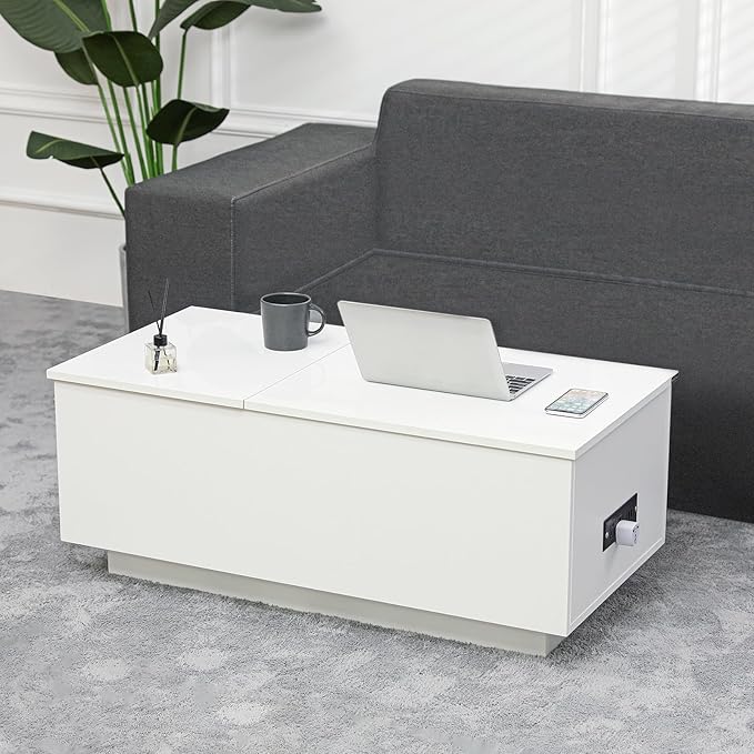 HOMMPA LED Coffee Table for Living Room Lift Top Coffee Tables with Power Outlet White Morden Center Table with Storage Hidden Compartment High Gloss Lift Tabletop - LeafyLoom