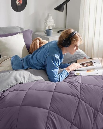 Bedsure Grayish Purple Full Size Comforter Set - 7 Pieces Reversible Full Bed in a Bag, Full Bed Set Grayish Purple and Grey with Comforters, Sheets, Pillowcases & Shams - LeafyLoom