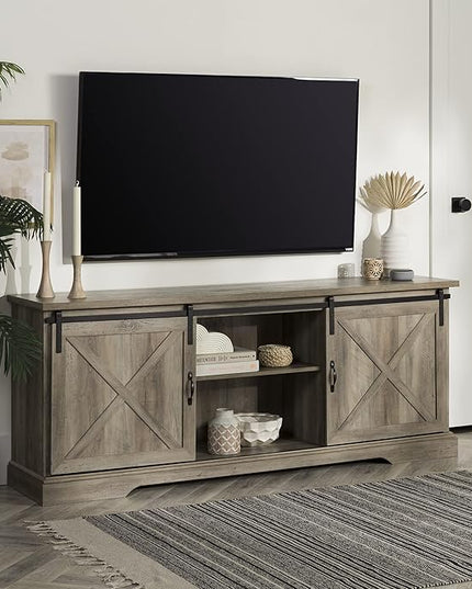 Walker Edison Corbin Modern Farmhouse Sliding X Barn Door TV Stand for TVs up to 80 Inches, 70 Inch, Grey Wash - LeafyLoom