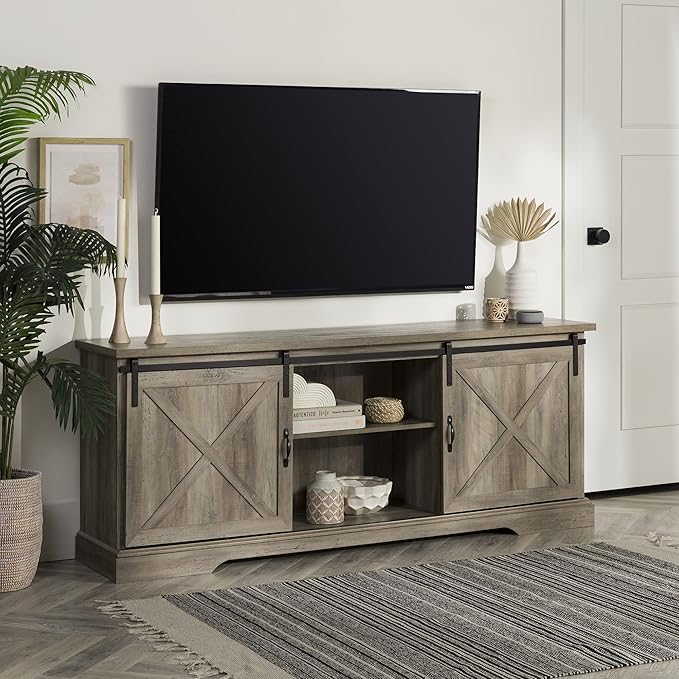 Walker Edison Corbin Modern Farmhouse Sliding X Barn Door TV Stand for TVs up to 80 Inches, 70 Inch, Grey Wash - LeafyLoom