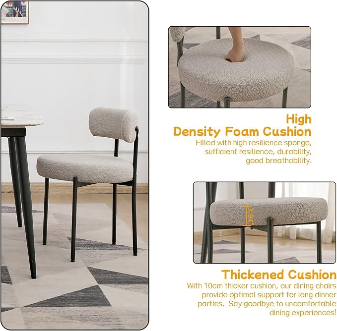 EDWELL Boucle Dining Chairs Set of 2, Round Upholstered Dining Room Chairs with Black Metal Legs, Modern Kitchen Dining Room Chairs for Kitchen, Living Room - LeafyLoom