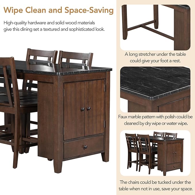 NicBex Dining Room Table Set for 4 Kitchen Table and Chairs Counter Height 5-Piece Dining Table Set with Faux Marble Tabletop, Solid Wood Table Set with Storage Cabinet and Drawer, Walnut - LeafyLoom