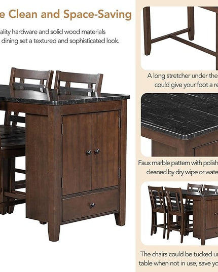 Counter Height Dining 4 with Faux Marble Tabletop, Solid Wood Modern Table Set with Storage Cabinet and Drawer, Dark Walnut - LeafyLoom