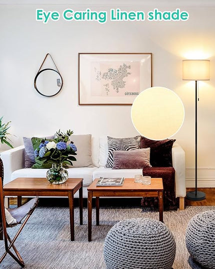 FOLKSMATE Floor Lamp for Living Room, Modern LED Simple Standing Lamps, Minimalist Tall Lamp for Bedroom, Living Room, Office, Kids Room, Reading Light, Black Pole Lamp with White Shade, without Bulb - LeafyLoom