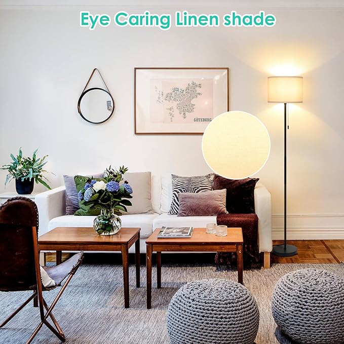 FOLKSMATE Floor Lamp for Living Room, Modern LED Simple Standing Lamps, Minimalist Tall Lamp for Bedroom, Living Room, Office, Kids Room, Reading Light, Black Pole Lamp with White Shade, without Bulb - LeafyLoom
