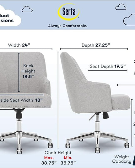 Serta Leighton Modern Office Chair, Stylish Mid-Back Desk Chair, Rivet Detail, Serta Quality Memory Foam, Armchair with Wheels, Vanity Chair, Swivel Chrome Metal Base, Twill Fabric, Light Gray - LeafyLoom