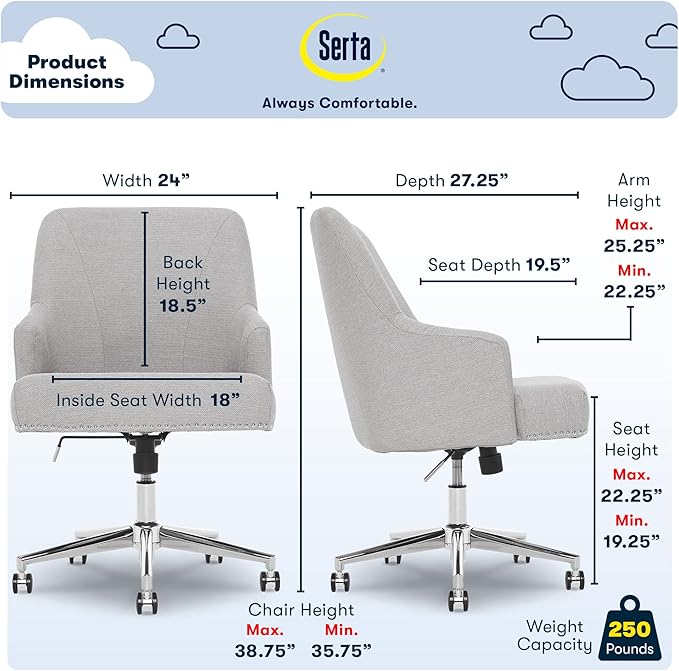Serta Leighton Modern Office Chair, Stylish Mid-Back Desk Chair, Rivet Detail, Serta Quality Memory Foam, Armchair with Wheels, Vanity Chair, Swivel Chrome Metal Base, Twill Fabric, Light Gray - LeafyLoom