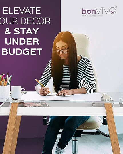 bonVIVO Massimo Small Desk - 55 Inch, Modern Computer Desk for Small Spaces, Living Room, Office and Bedroom - Study Table w/Glass Top and Shelf Space - White - LeafyLoom