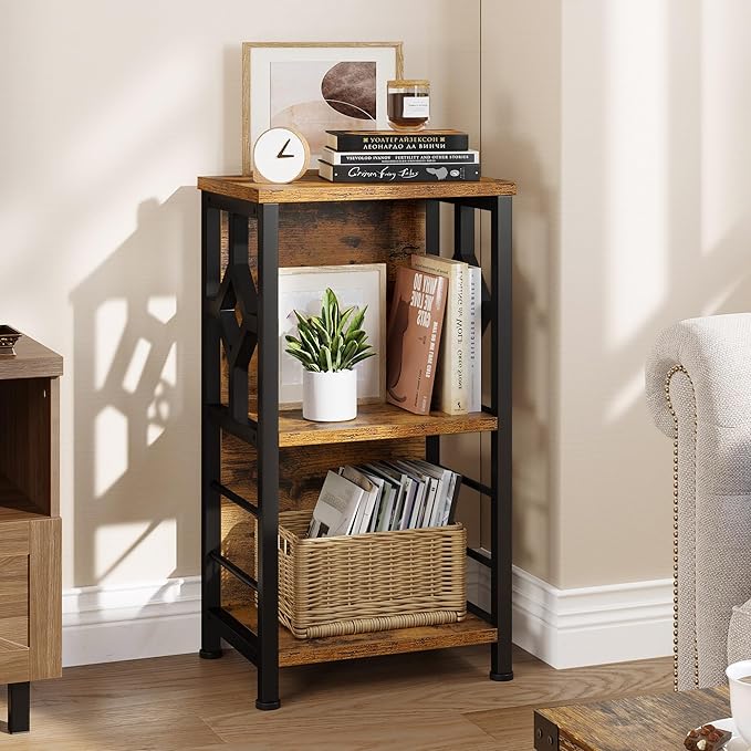 YITAHOME Small Bookshelf, 3 tier Farmhouse Bookshelf with Storage,Short Bookshelf for Small Spaces,Mini Shelf Stand,Open Bookcase for Bedroom Office Bathroom Living Room, Rustic Brown - LeafyLoom