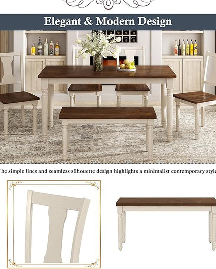 6-Piece Classic Dinette Sets Rectangular Wooden Kitchen Dining Table, 4 Chairs & Bench, for Diningroom Living Room, Easy to Assemble, Brown+Cottage White - LeafyLoom