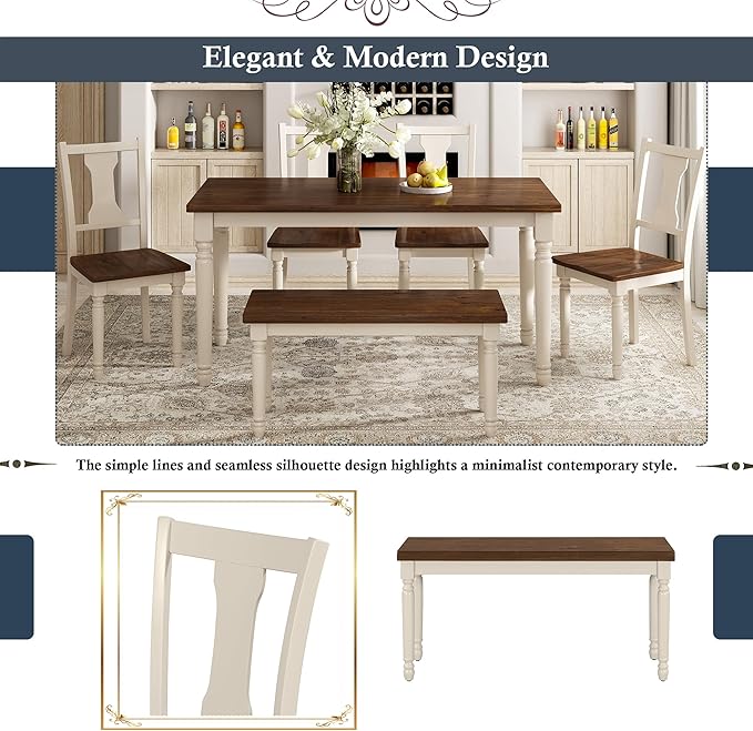 6-Piece Classic Dinette Sets Rectangular Wooden Kitchen Dining Table, 4 Chairs & Bench, for Diningroom Living Room, Easy to Assemble, Brown+Cottage White - LeafyLoom