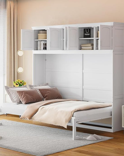 Merax Farmhouse Solid Wood Murphy Bed Chest with Top Cabinets, Storage Wall Platform Bed with Wood Slat Support/Space Saving Queen,White - LeafyLoom