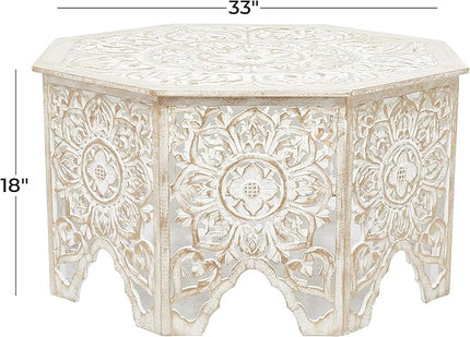 Deco 79 Wood Floral Handmade Living Room Coffee Table Intricately Carved Table with Arched Cutouts and Brown Distressing, Center Table 33" x 33" x 18", Cream - LeafyLoom