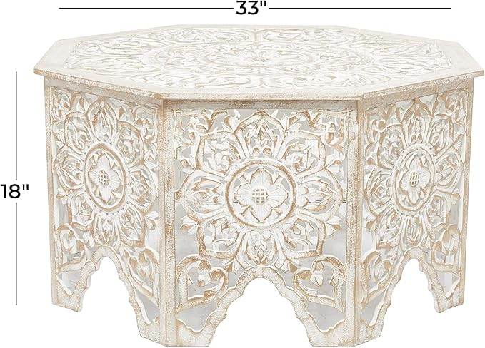 Deco 79 Wood Floral Handmade Living Room Coffee Table Intricately Carved Table with Arched Cutouts and Brown Distressing, Center Table 33" x 33" x 18", Cream - LeafyLoom