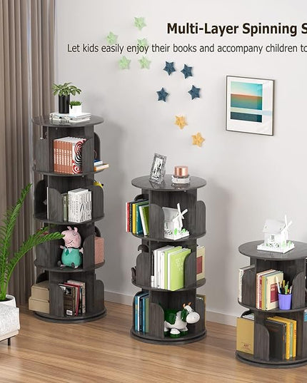 Rotating Bookshelf, Rotating Bookshelf Tower for Small Space, 360 Display 4 Tier Floor Standing Storage Rack, Wood Narrow Book Shelf for Bedroom, Living Room - LeafyLoom
