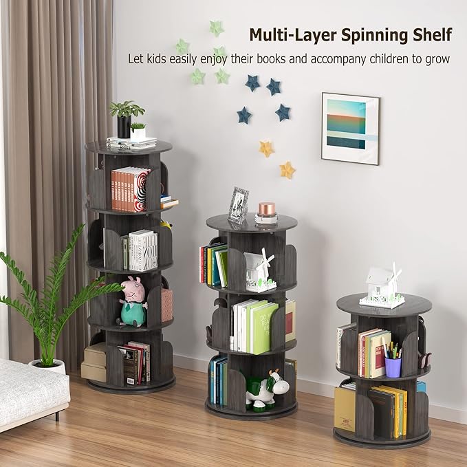 Rotating Bookshelf, Rotating Bookshelf Tower for Small Space, 360 Display 4 Tier Floor Standing Storage Rack, Wood Narrow Book Shelf for Bedroom, Living Room - LeafyLoom