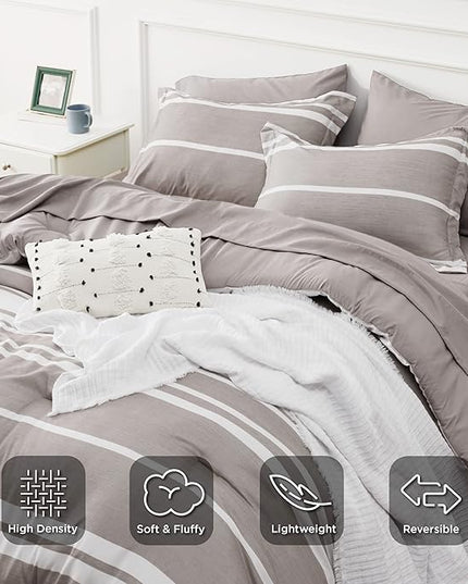 Bedsure Bed in a Bag Twin Size 5 Pieces, Warm Taupe White Striped Bedding Comforter Sets All Season Bed Set with 1 Pillow Sham, Flat Sheet, Fitted Sheet and 1 Pillowcase - LeafyLoom