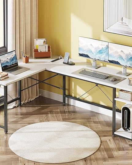 Coleshome L Shaped Computer Desk 66" with Power Outlet & Storage Shelves, Corner Sturdy Writing Desk Workstation, Modern Wooden Office Gaming Desk, Wood & Metal, White - LeafyLoom