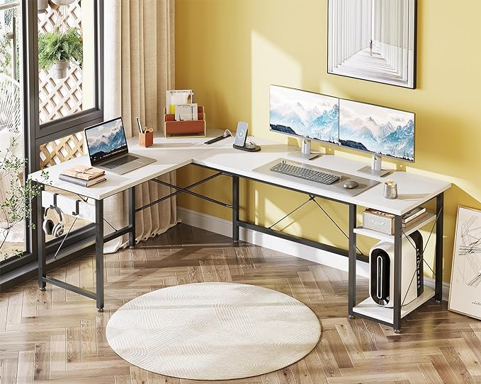 Coleshome L Shaped Computer Desk 66" with Power Outlet & Storage Shelves, Corner Sturdy Writing Desk Workstation, Modern Wooden Office Gaming Desk, Wood & Metal, White - LeafyLoom