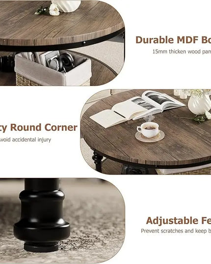 GAOMON Round Coffee Table Living Room 34.25in Rustic Circle Center Table with Storage Shelf 2-Tier Modern Wood Coffee Table Metal Frame, Easy Assembly(Light Walnut) - LeafyLoom
